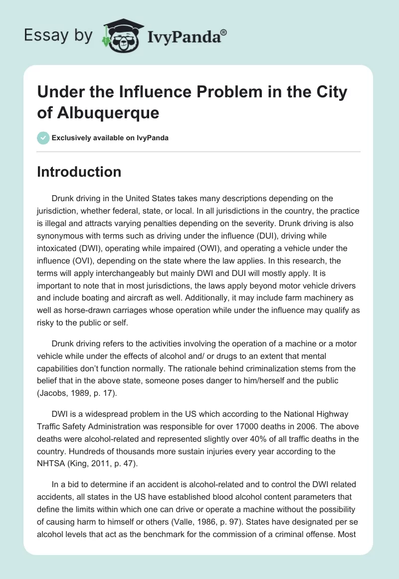 Under the Influence Problem in the City of Albuquerque. Page 1