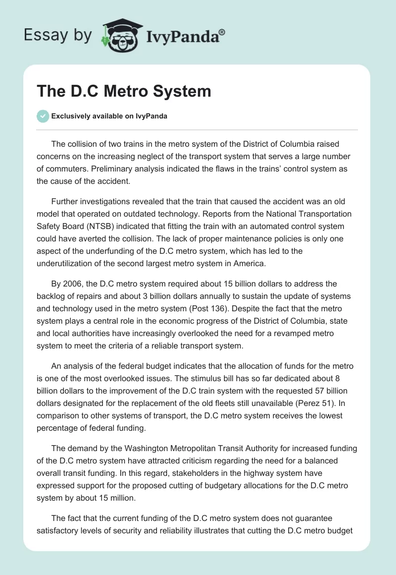 The D.C Metro System. Page 1