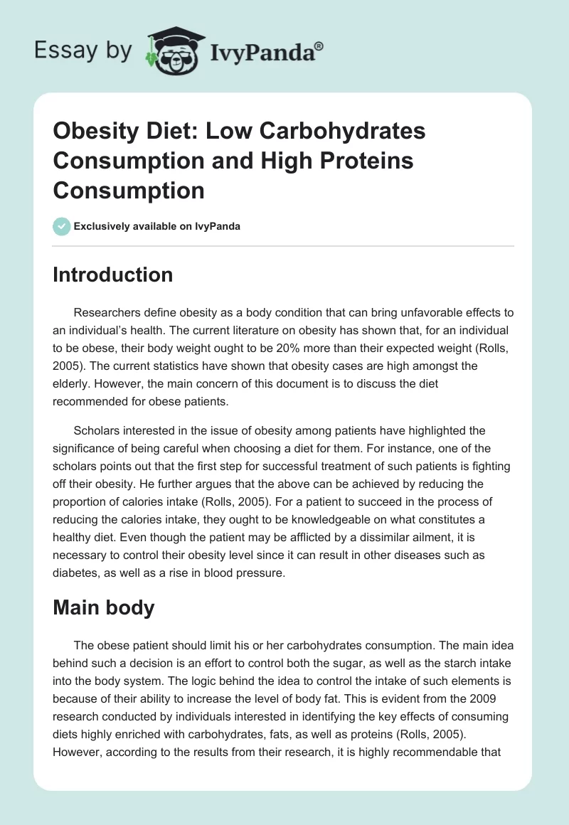 Obesity Diet: Low Carbohydrates Consumption and High Proteins Consumption. Page 1