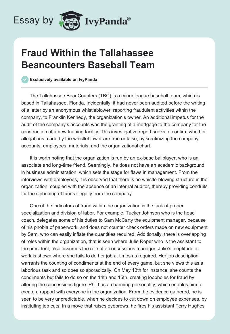 Fraud Within the Tallahassee Beancounters Baseball Team. Page 1
