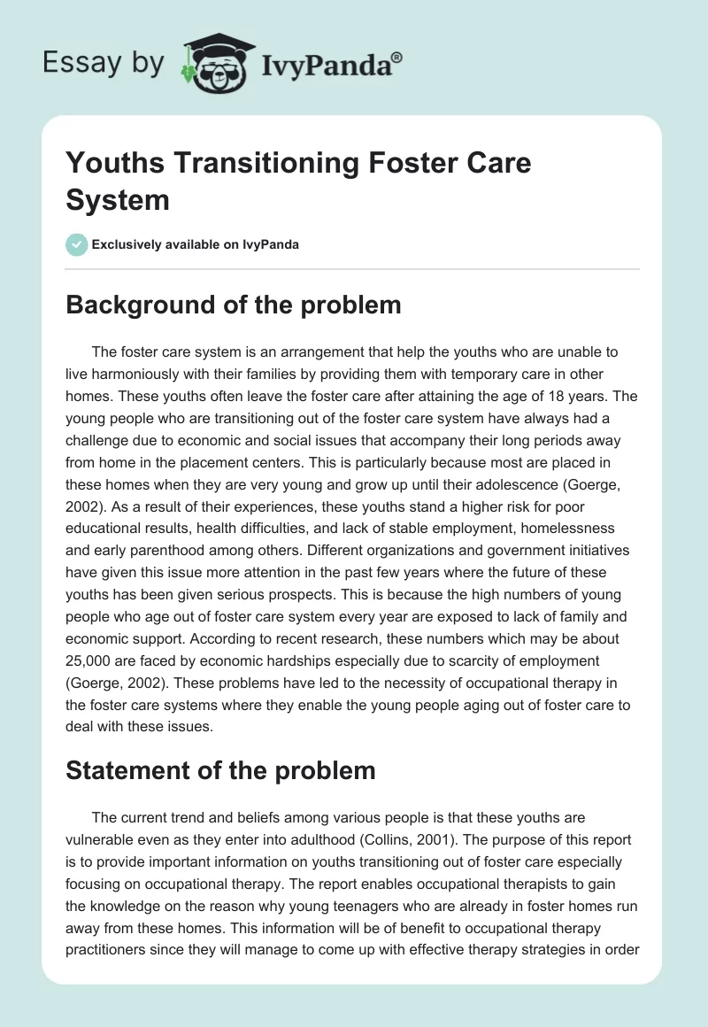 Youths Transitioning Foster Care System. Page 1
