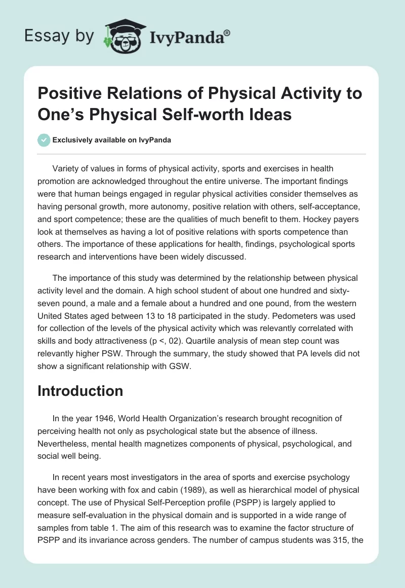 Positive Relations of Physical Activity to One’s Physical Self-worth Ideas. Page 1