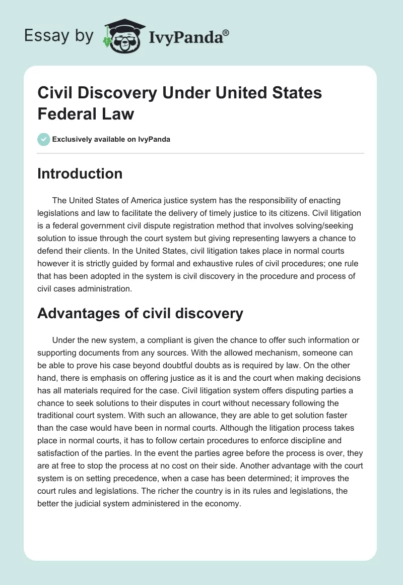 Civil Discovery Under United States Federal Law. Page 1