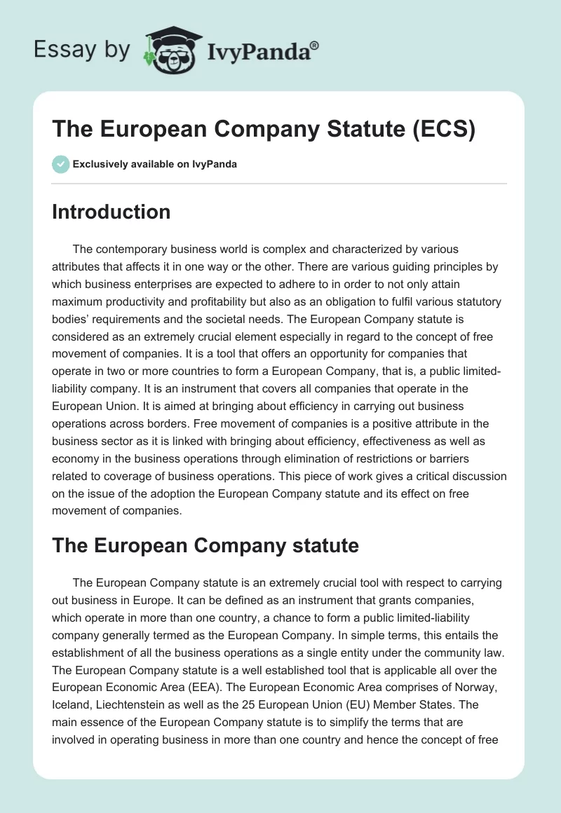 The European Company Statute (ECS). Page 1