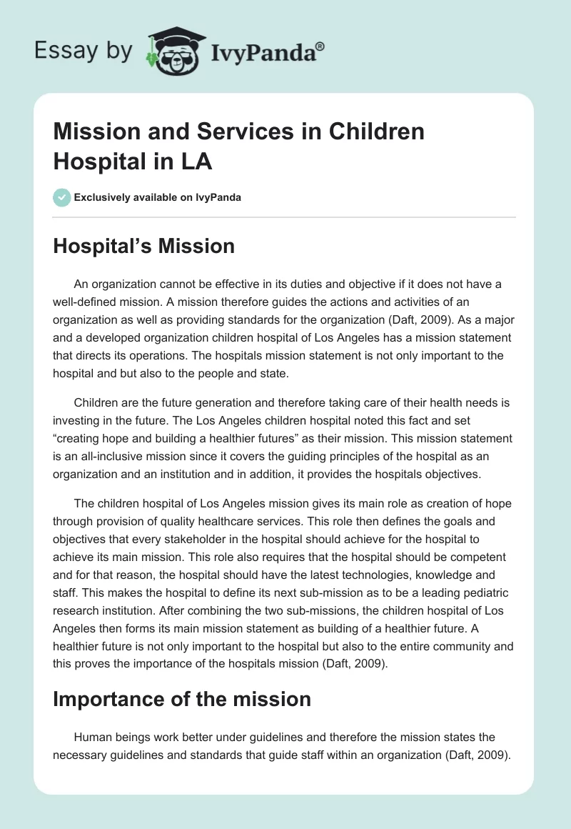Mission and Services in Children Hospital in LA. Page 1