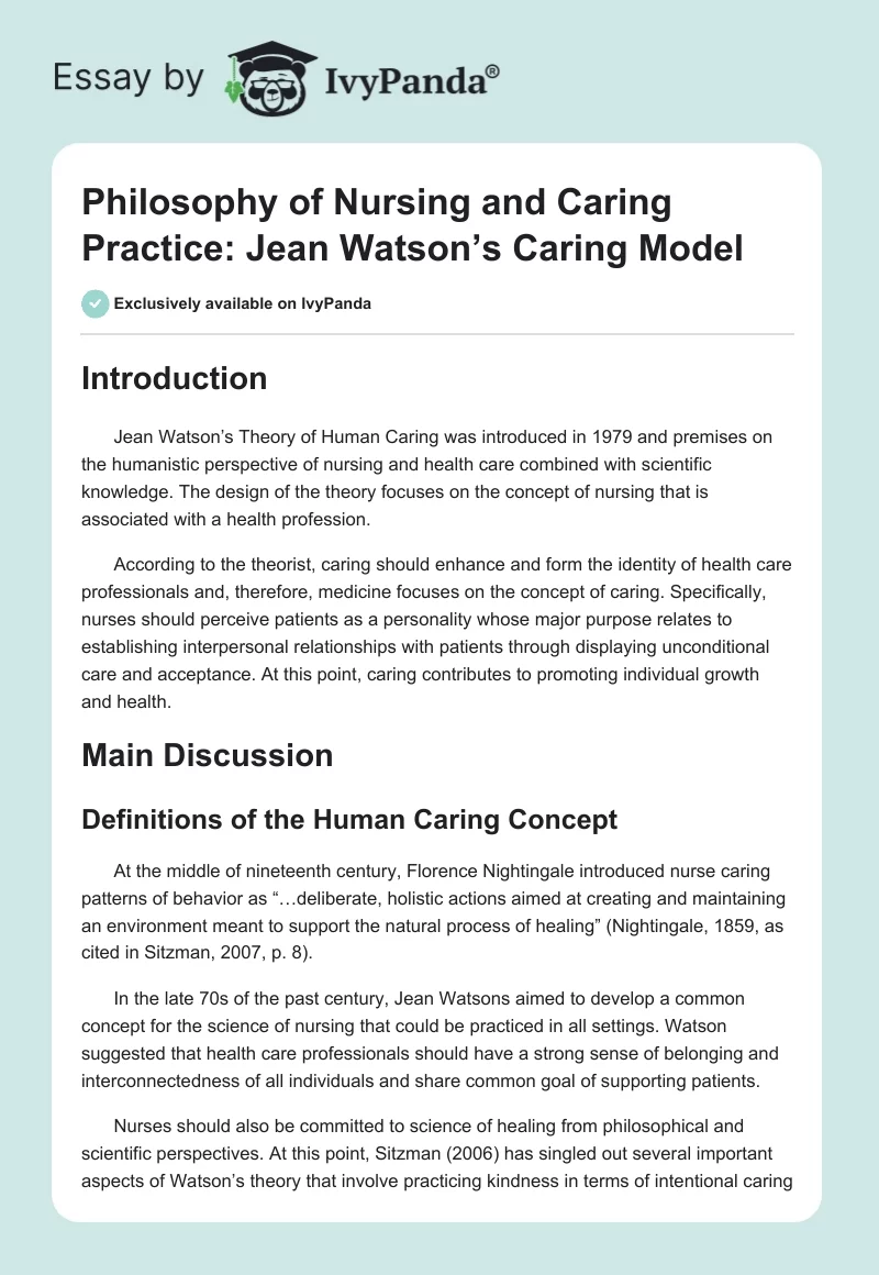 Philosophy of Nursing and Caring Practice: Jean Watson’s Caring Model. Page 1