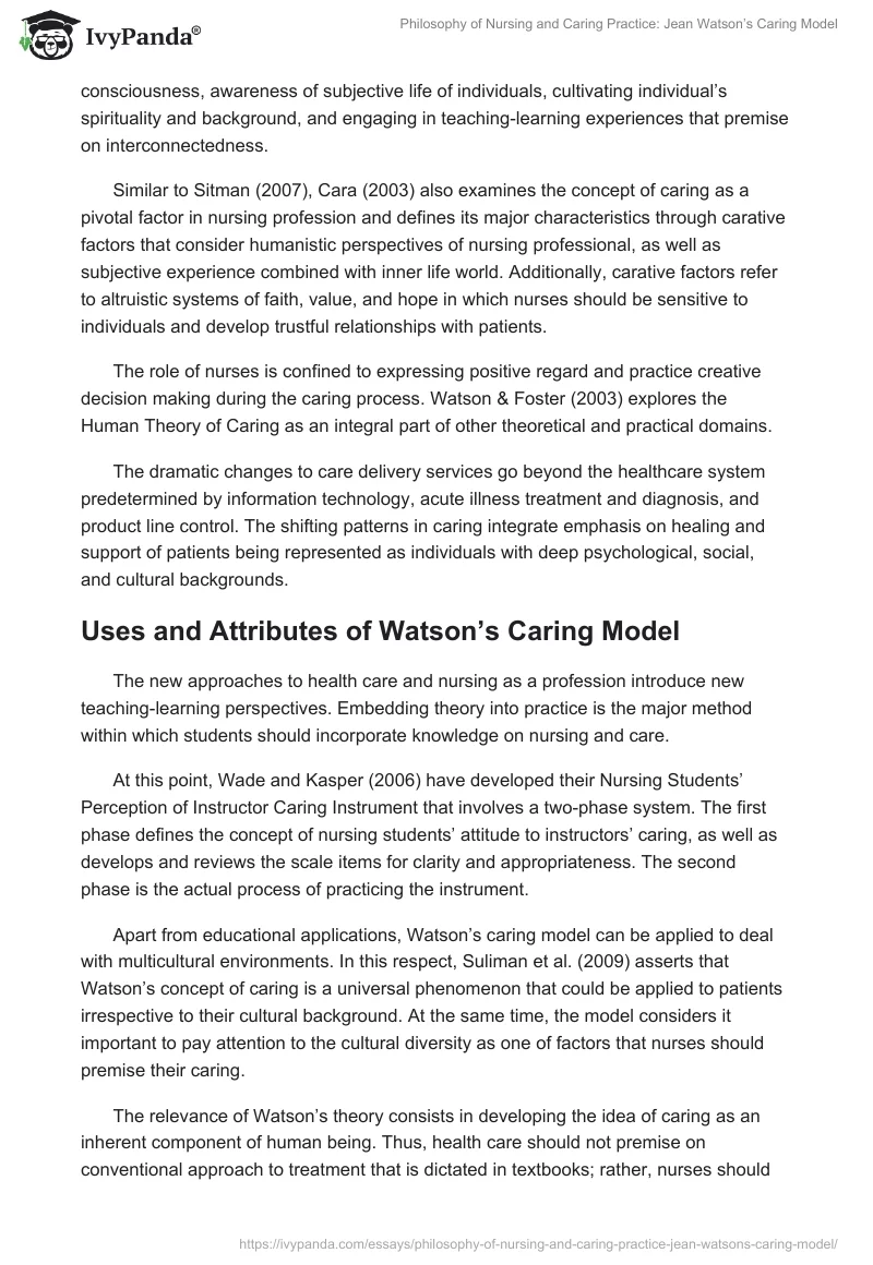 Philosophy of Nursing and Caring Practice: Jean Watson’s Caring Model. Page 2