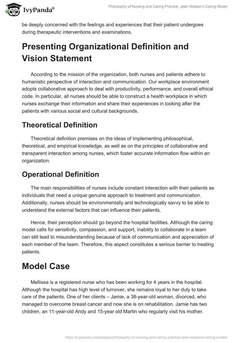 Philosophy of Nursing and Caring Practice: Jean Watson’s Caring Model. Page 3