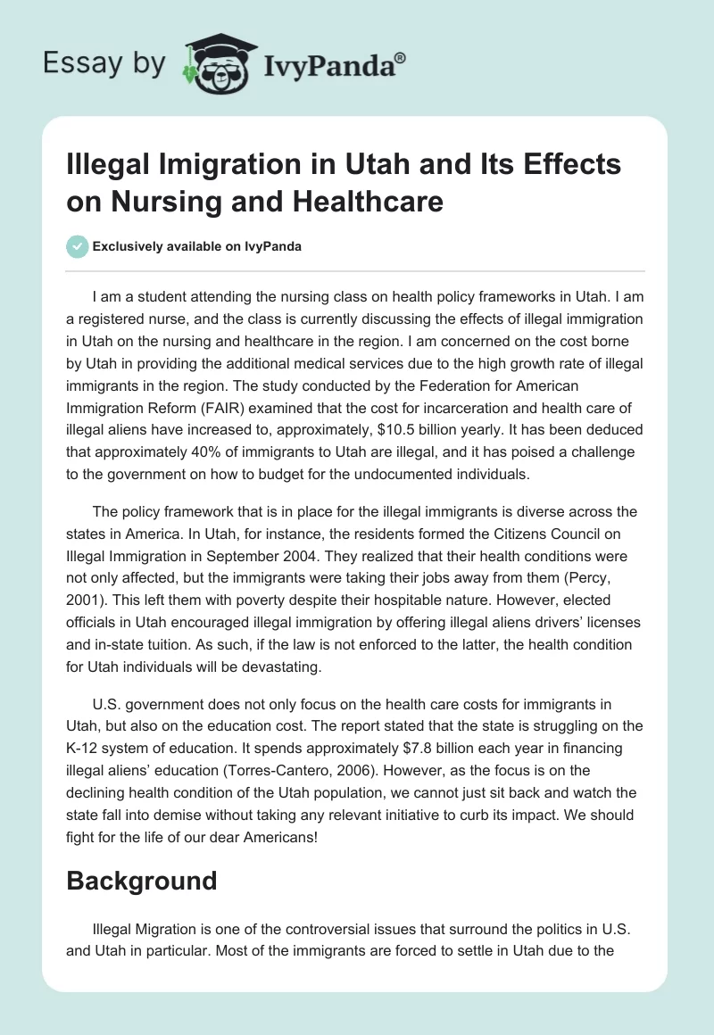 Illegal Imigration in Utah and Its Effects on Nursing and Healthcare. Page 1