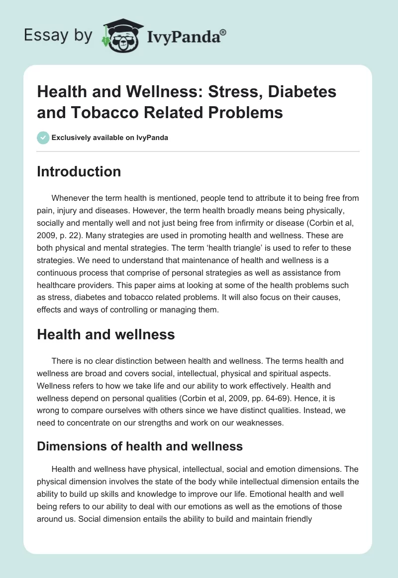 Health and Wellness: Stress, Diabetes and Tobacco Related Problems. Page 1