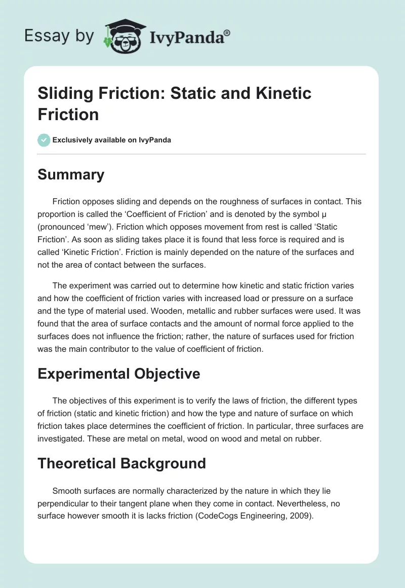 Sliding Friction: Static and Kinetic Friction. Page 1