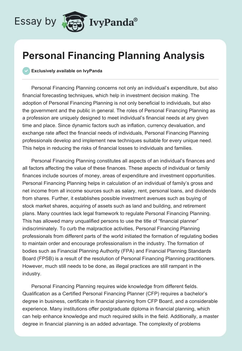 Personal Financing Planning Analysis. Page 1