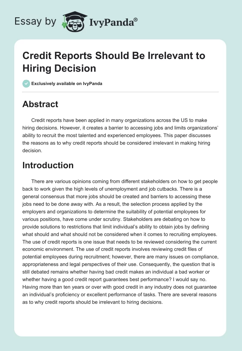 Credit Reports Should Be Irrelevant to Hiring Decision. Page 1