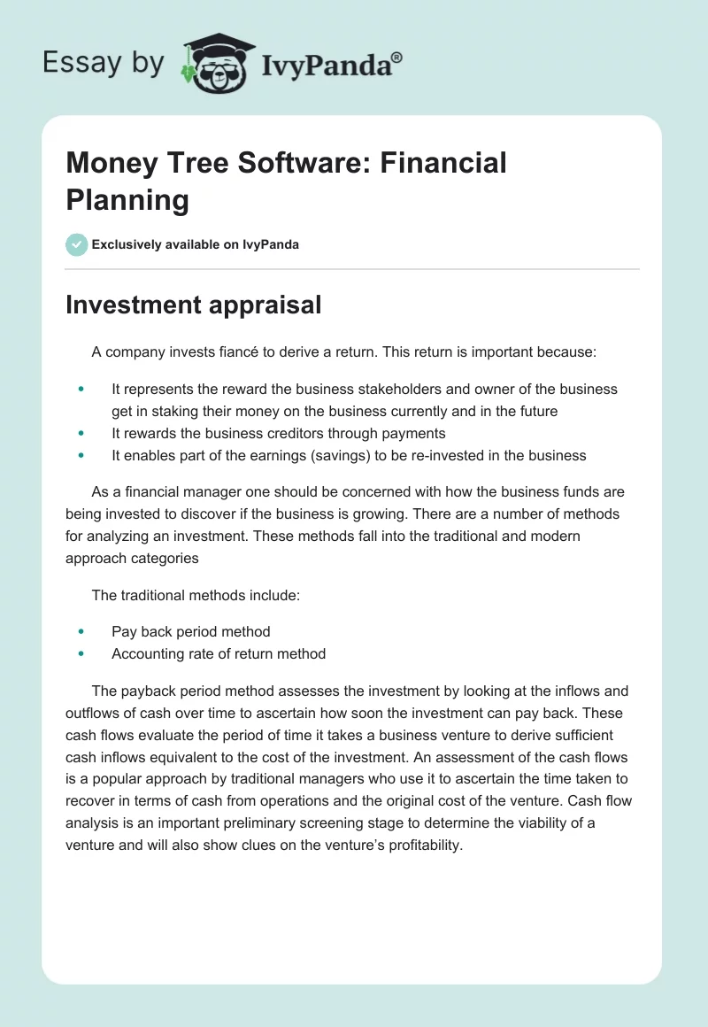 Money Tree Software: Financial Planning. Page 1