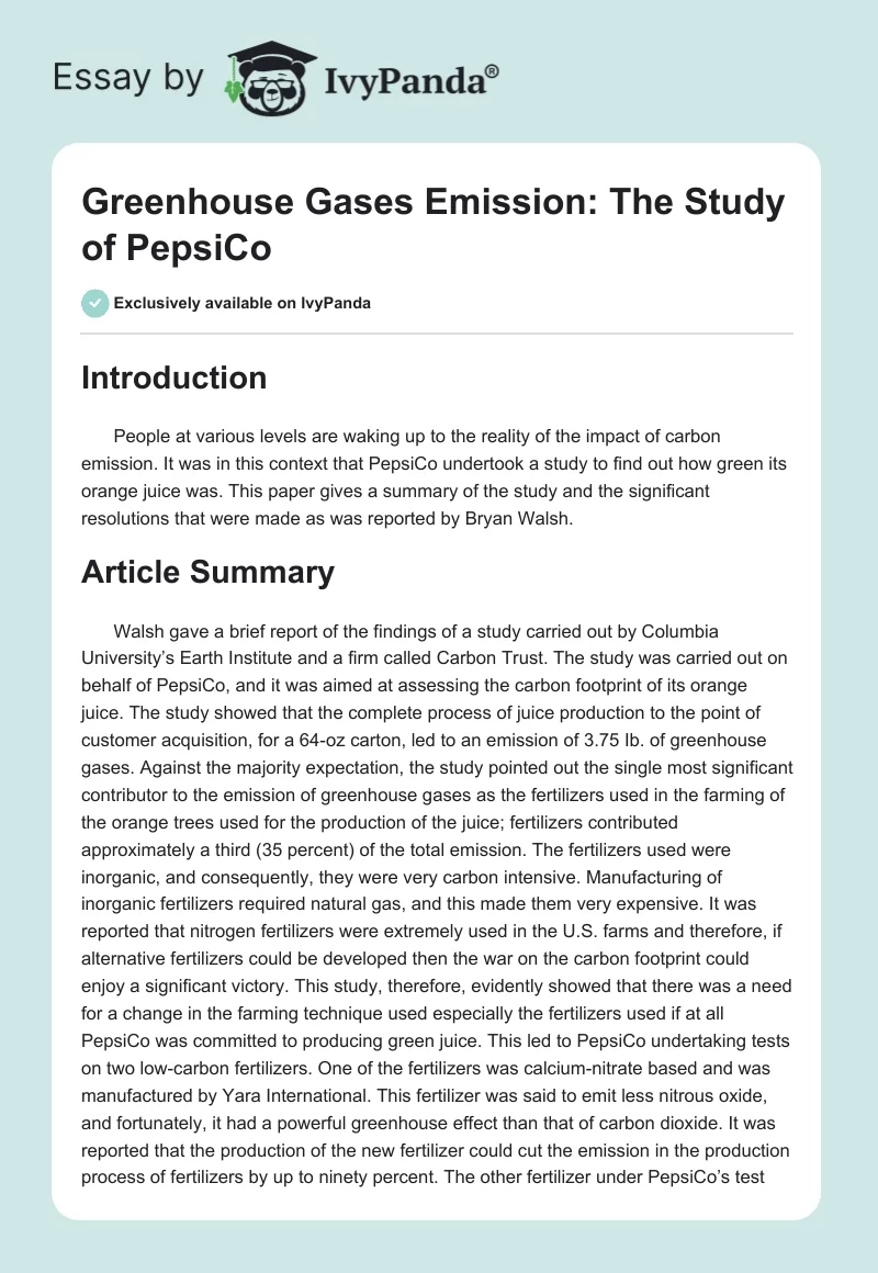 Greenhouse Gases Emission: The Study of PepsiCo. Page 1