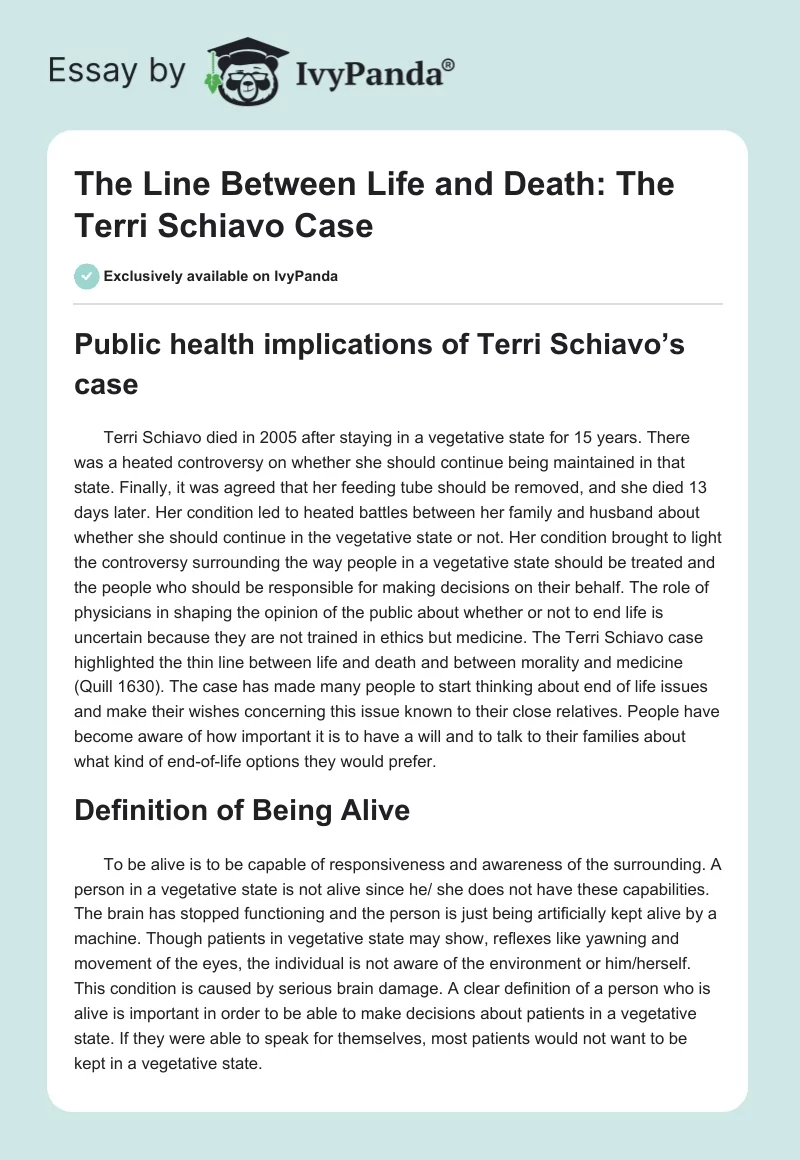 The Line Between Life and Death: The Terri Schiavo Case. Page 1