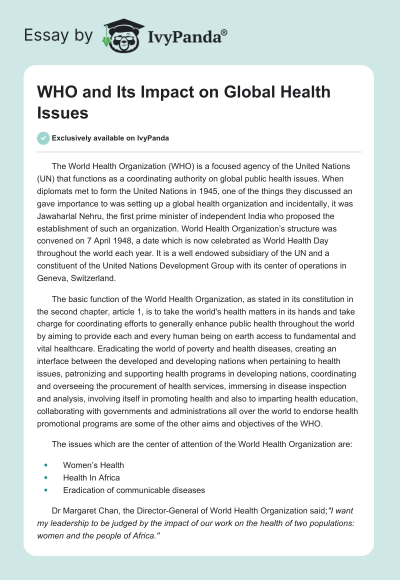 WHO and Its Impact on Global Health Issues. Page 1
