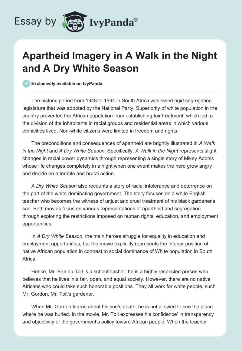 Apartheid Imagery in "A Walk in the Night" and "A Dry White Season". Page 1