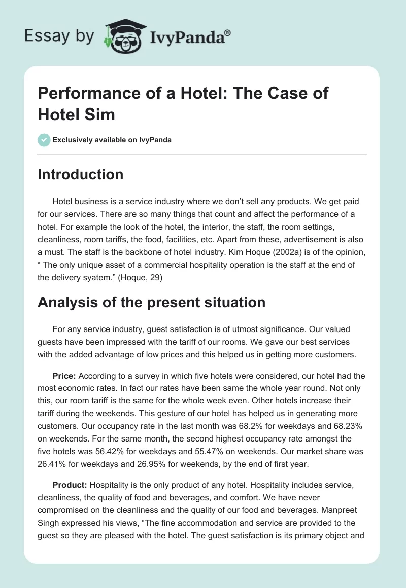 Performance of a Hotel: The Case of Hotel Sim. Page 1
