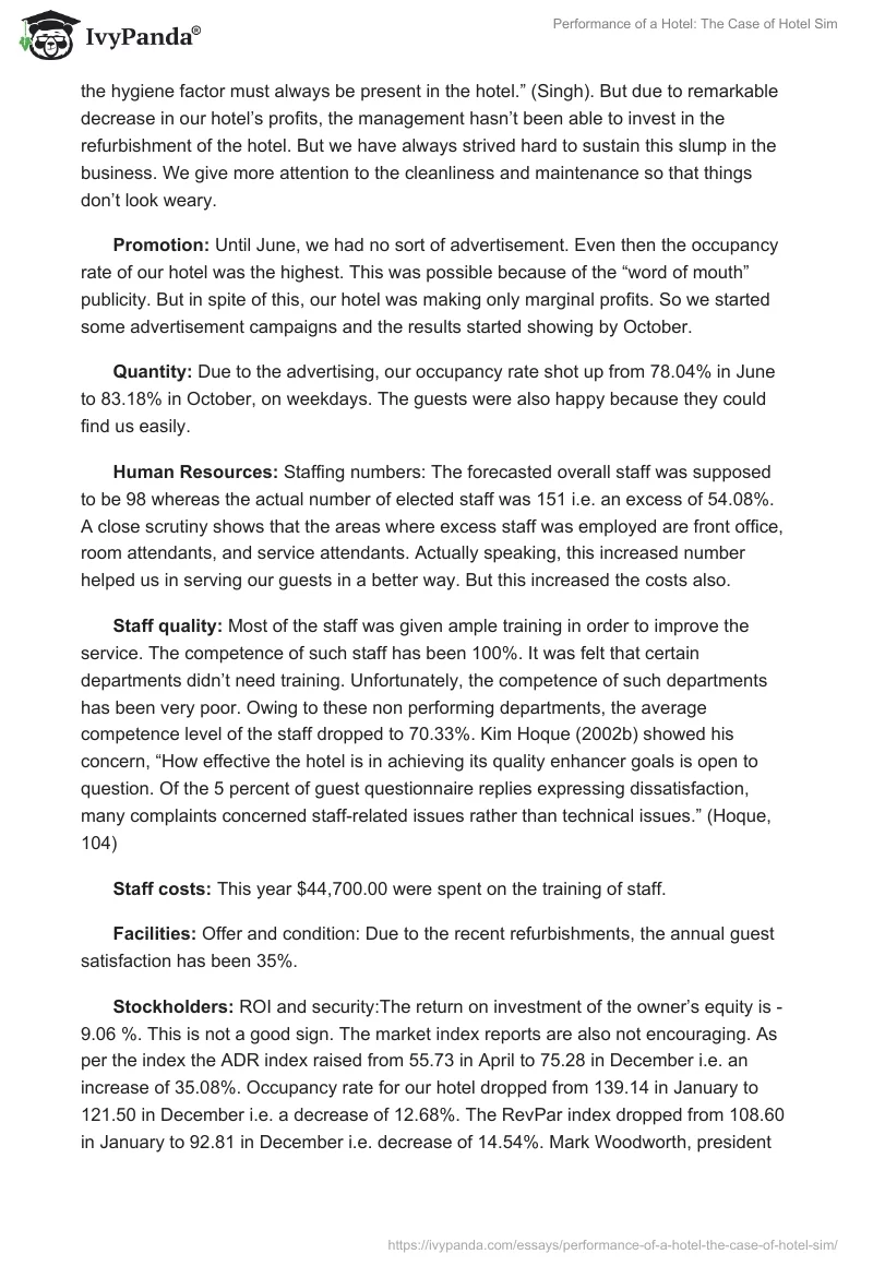 Performance of a Hotel: The Case of Hotel Sim. Page 2