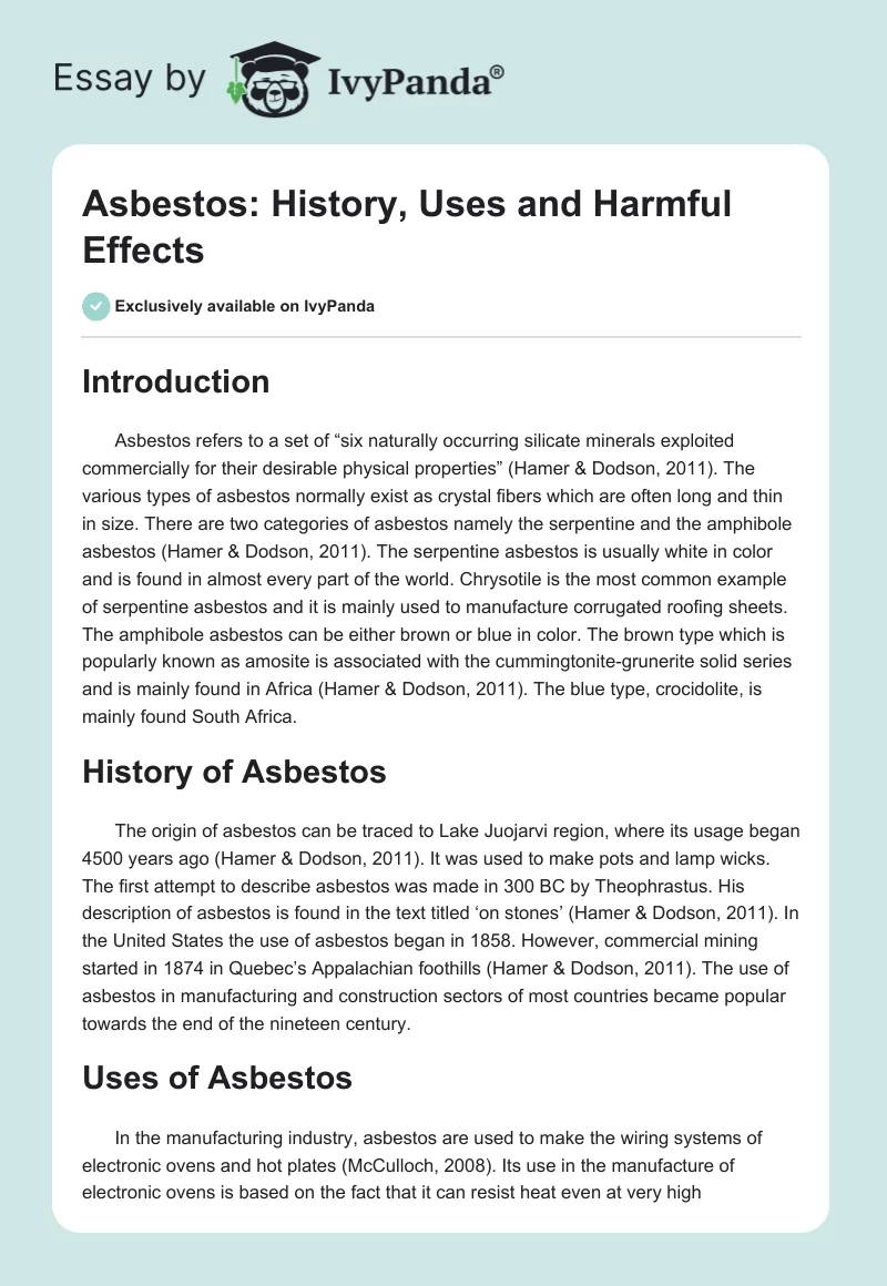 Asbestos: History, Uses and Harmful Effects. Page 1