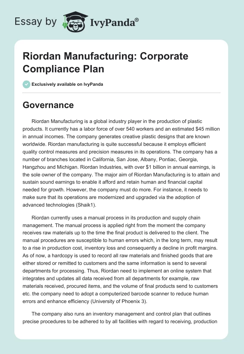 Riordan Manufacturing: Corporate Compliance Plan. Page 1