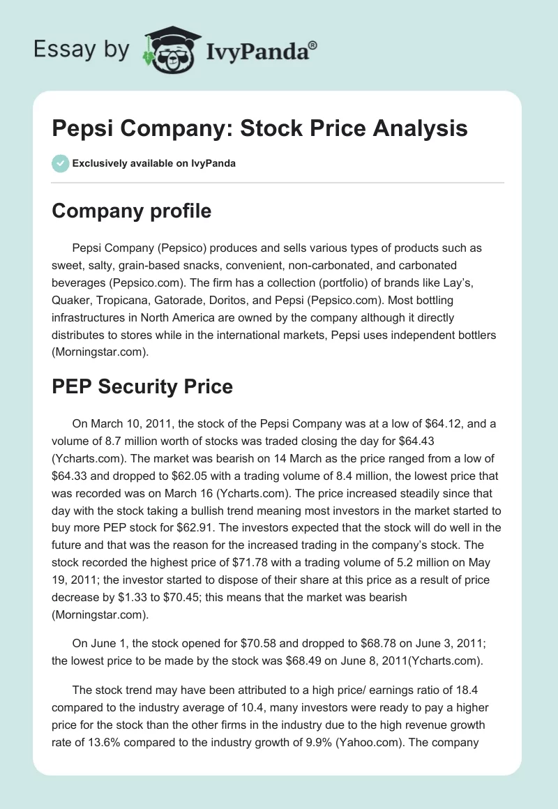 Pepsi Company: Stock Price Analysis. Page 1