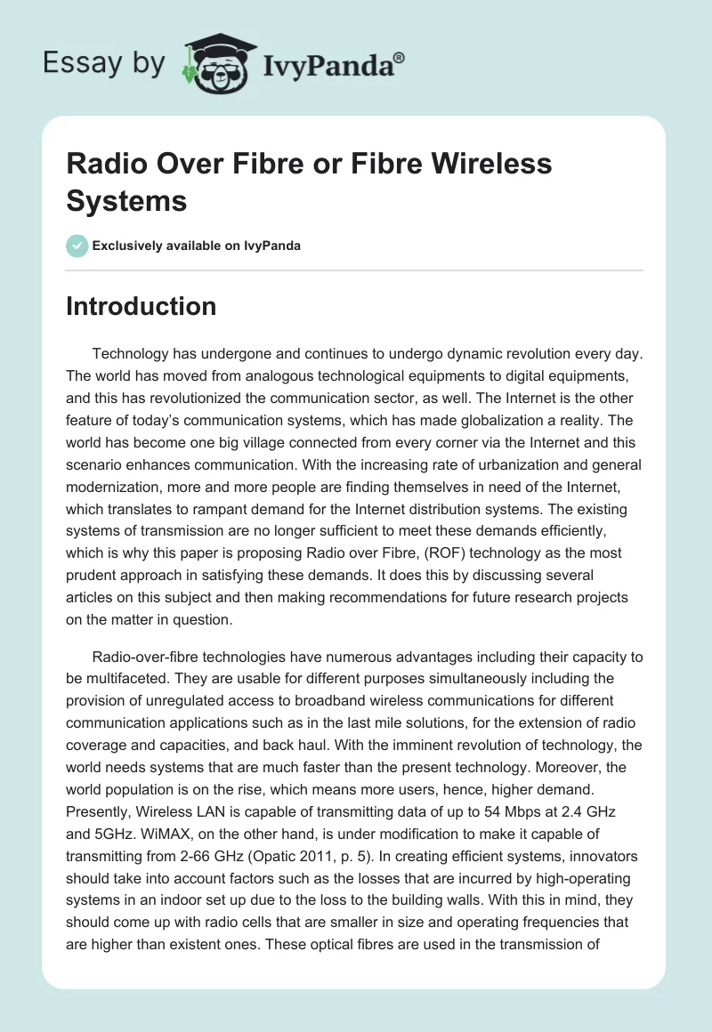 Radio Over Fibre or Fibre Wireless Systems. Page 1