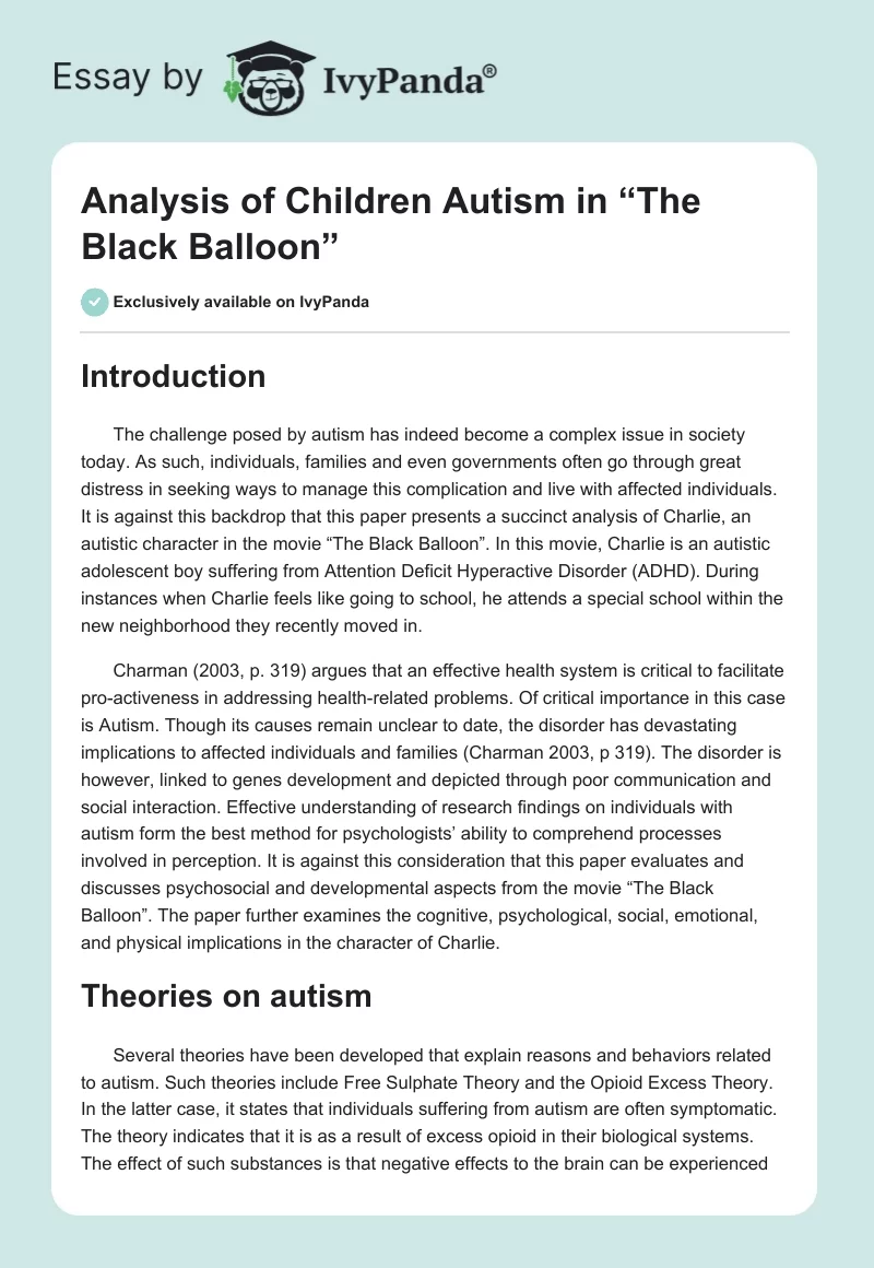 Analysis of Children Autism in “The Black Balloon”. Page 1