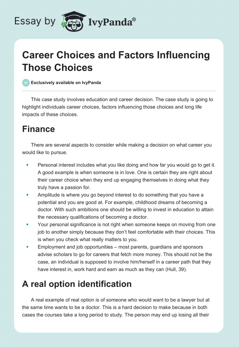 Career Choices and Factors Influencing Those Choices. Page 1
