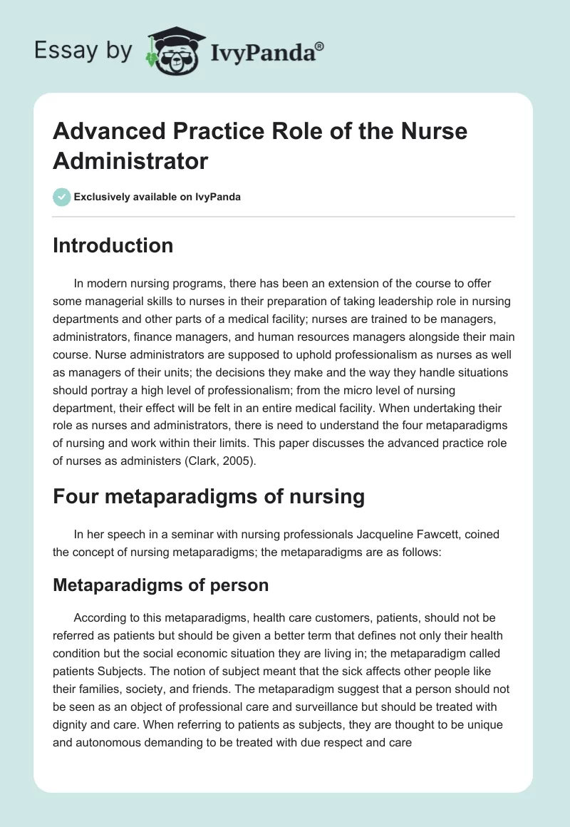 Advanced Practice Role of the Nurse Administrator. Page 1