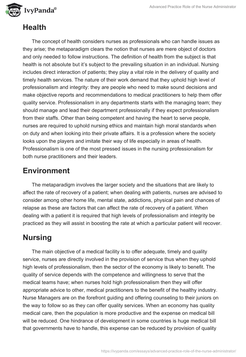 Advanced Practice Role of the Nurse Administrator. Page 2