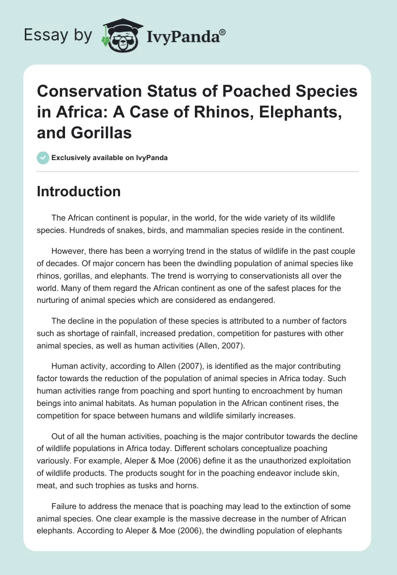 Conservation Status of Poached Species in Africa: A Case of Rhinos, Elephants, and Gorillas. Page 1