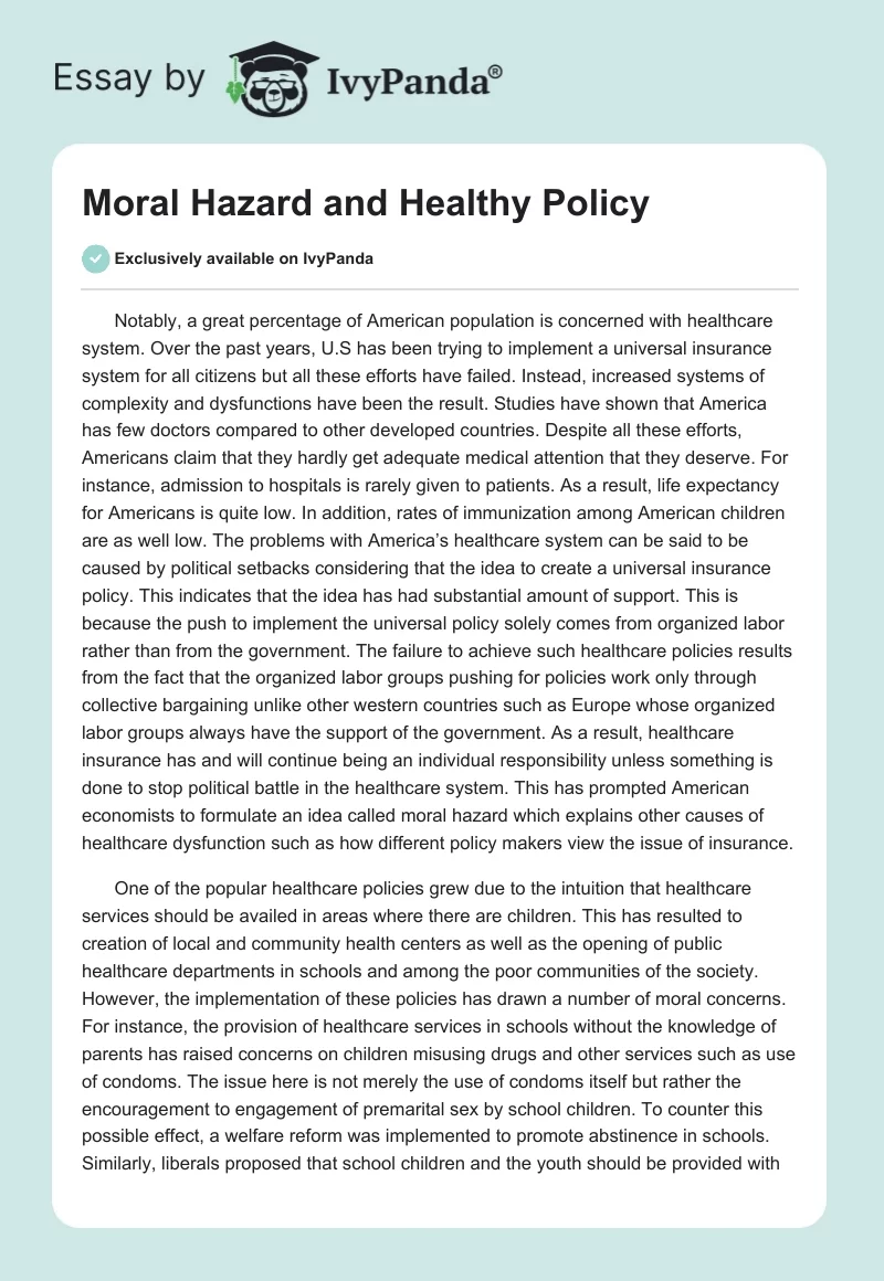 Moral Hazard and Healthy Policy. Page 1