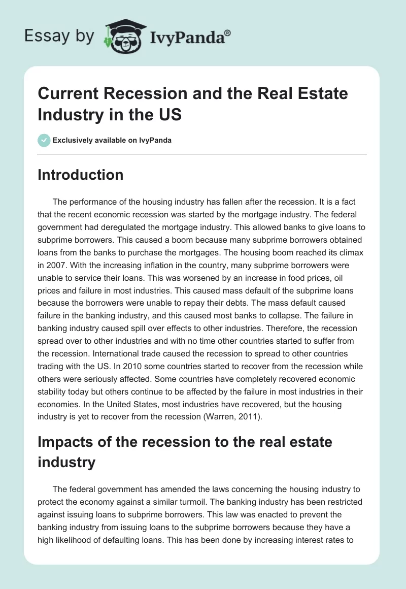 Current Recession and the Real Estate Industry in the US. Page 1