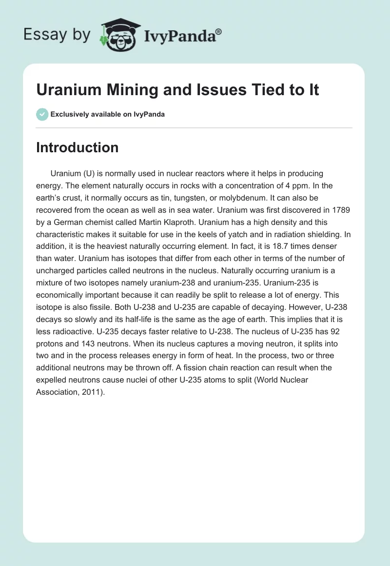 Uranium Mining and Issues Tied to It. Page 1