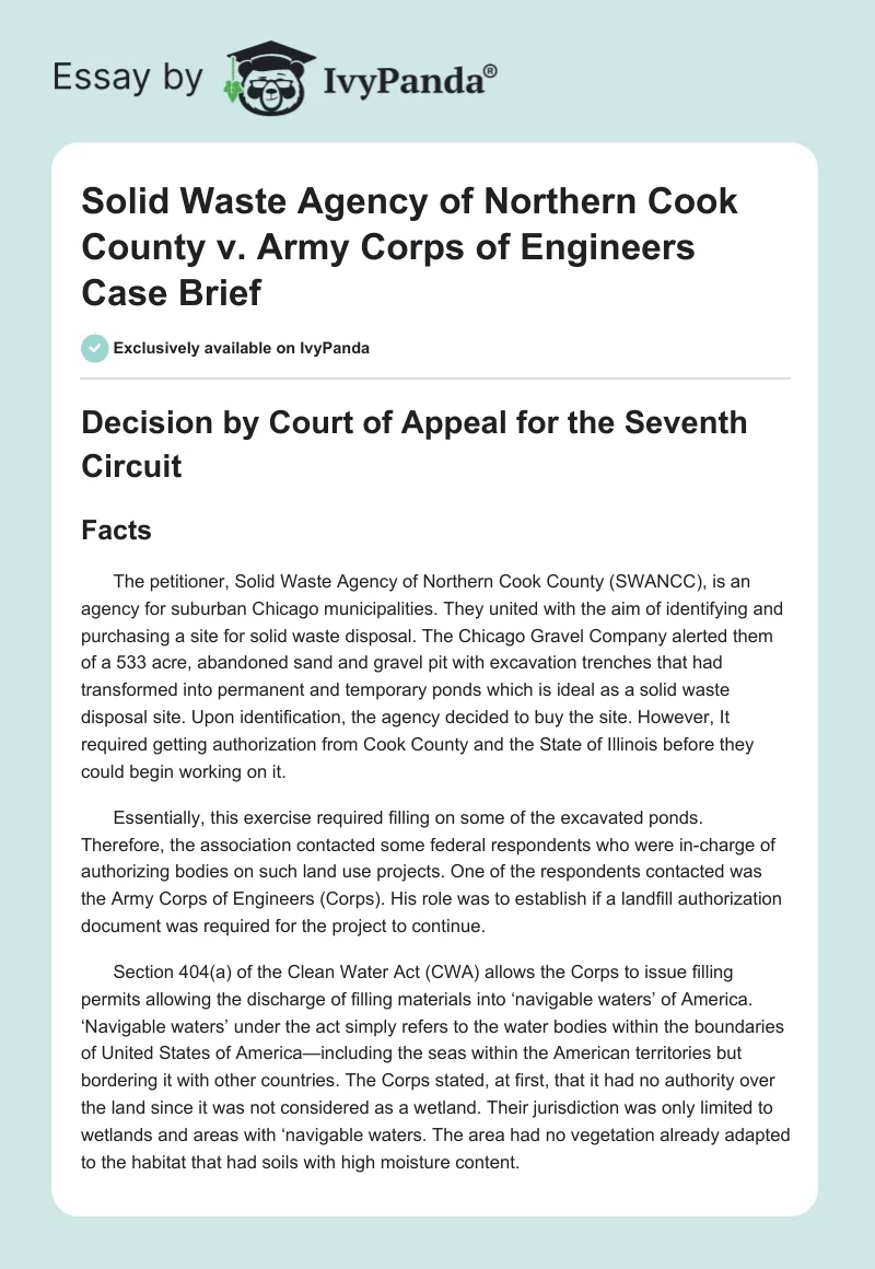 Solid Waste Agency of Northern Cook County vs. Army Corps of Engineers Case Brief. Page 1