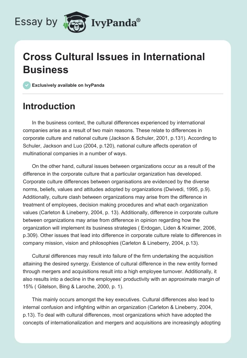 Cross Cultural Issues in International Business. Page 1