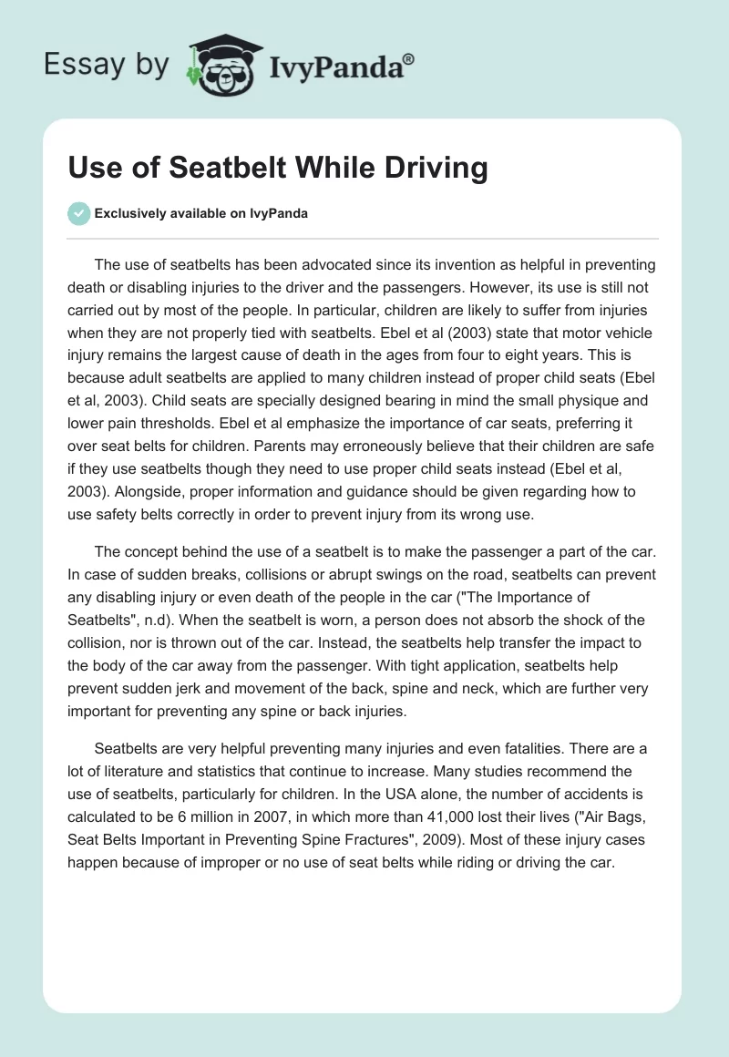 Use of Seatbelt While Driving. Page 1