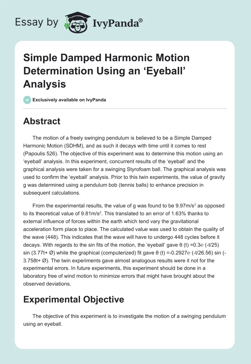 Simple Damped Harmonic Motion Determination Using an ‘Eyeball’ Analysis. Page 1