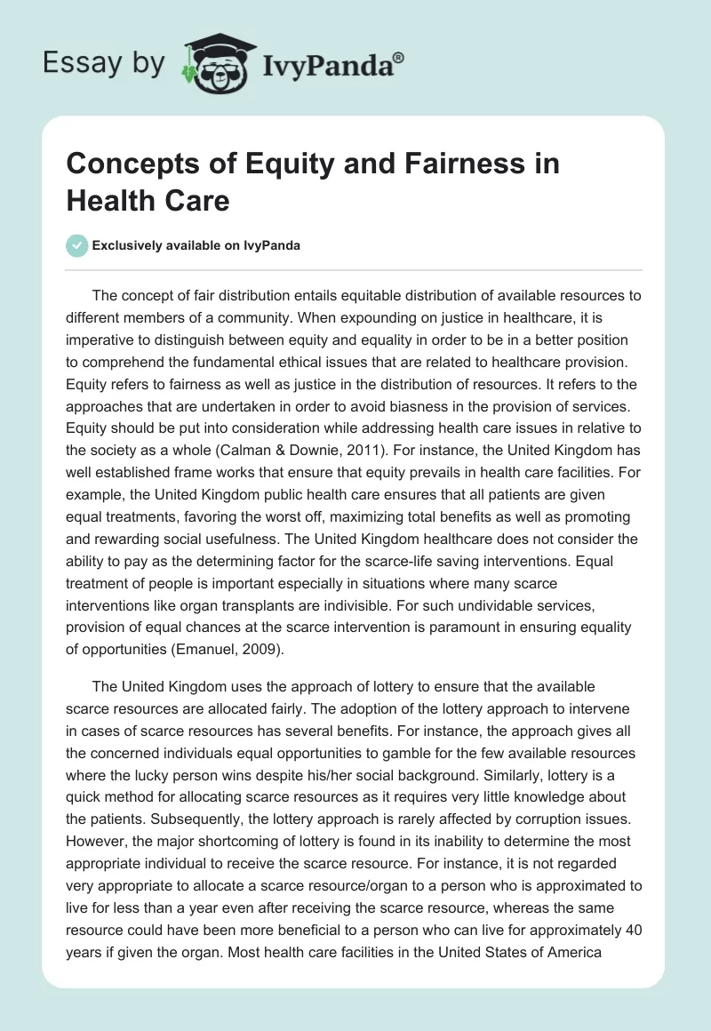 Concepts of Equity and Fairness in Health Care. Page 1
