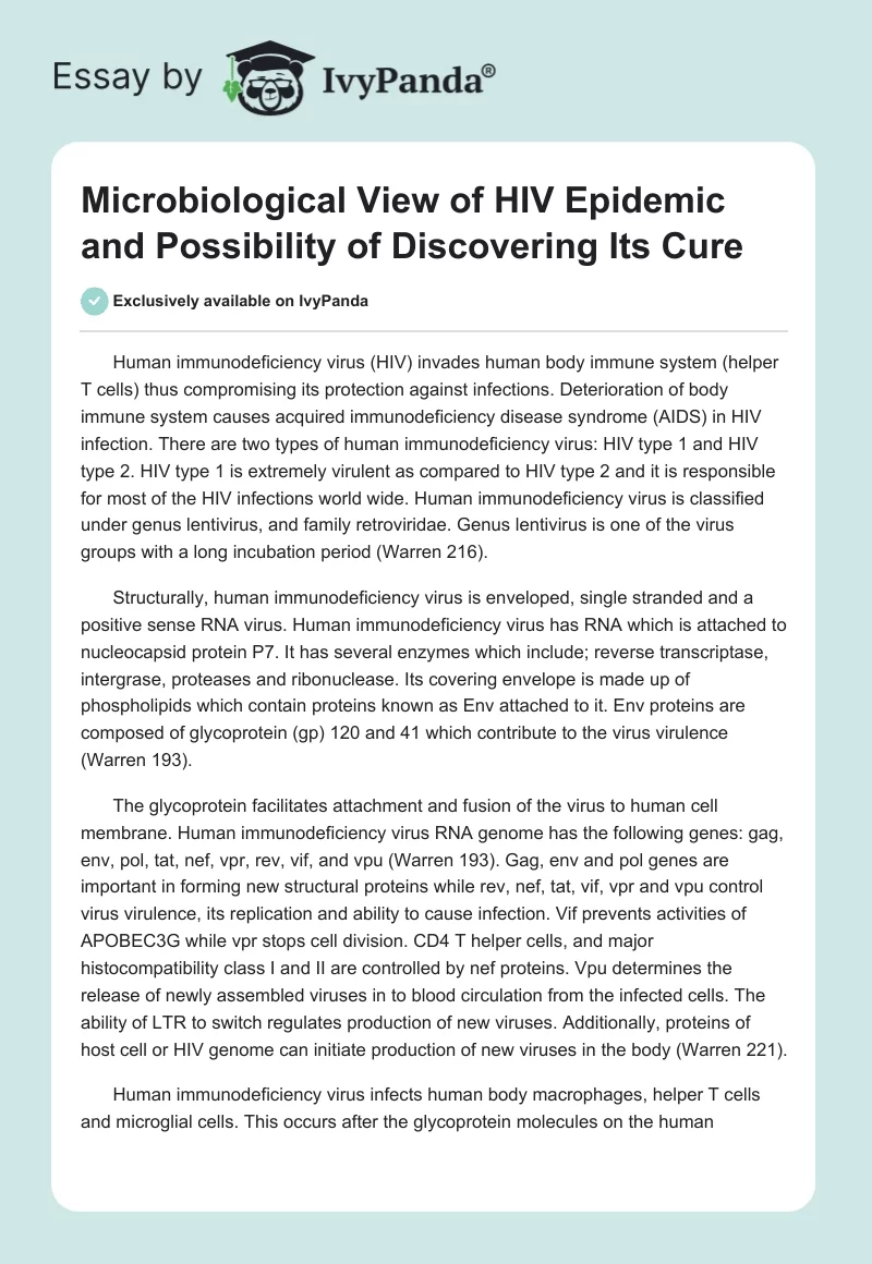 Microbiological View of HIV Epidemic and Possibility of Discovering Its Cure. Page 1