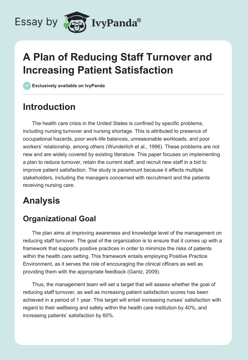 A Plan of Reducing Staff Turnover and Increasing Patient Satisfaction. Page 1