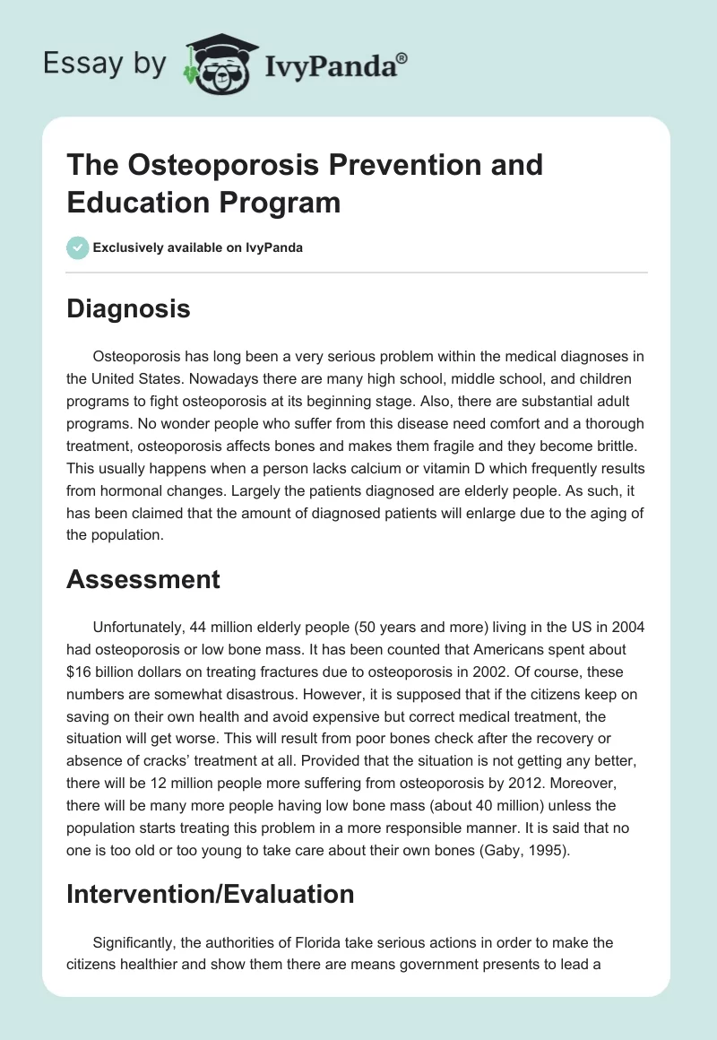 The Osteoporosis Prevention and Education Program. Page 1