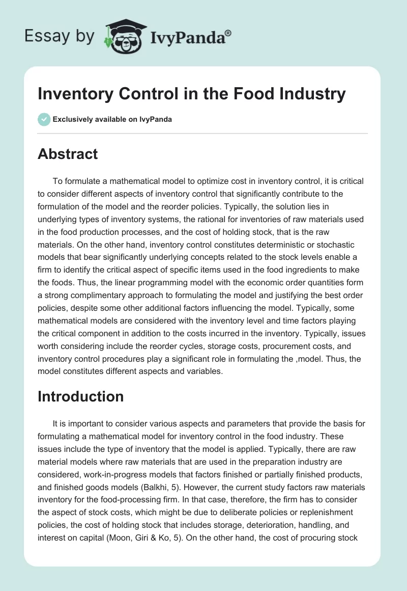 Inventory Control in the Food Industry. Page 1