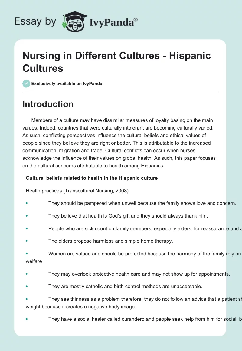 Nursing in Different Cultures - Hispanic Cultures. Page 1