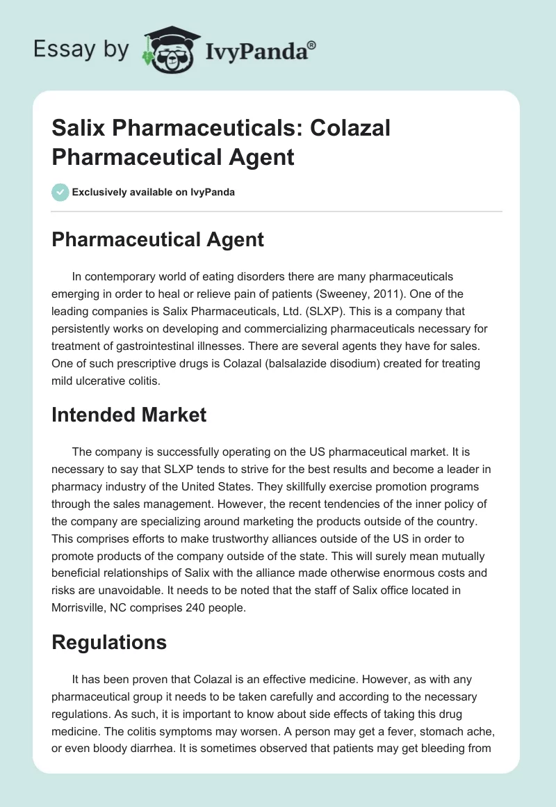 Salix Pharmaceuticals: Colazal Pharmaceutical Agent. Page 1