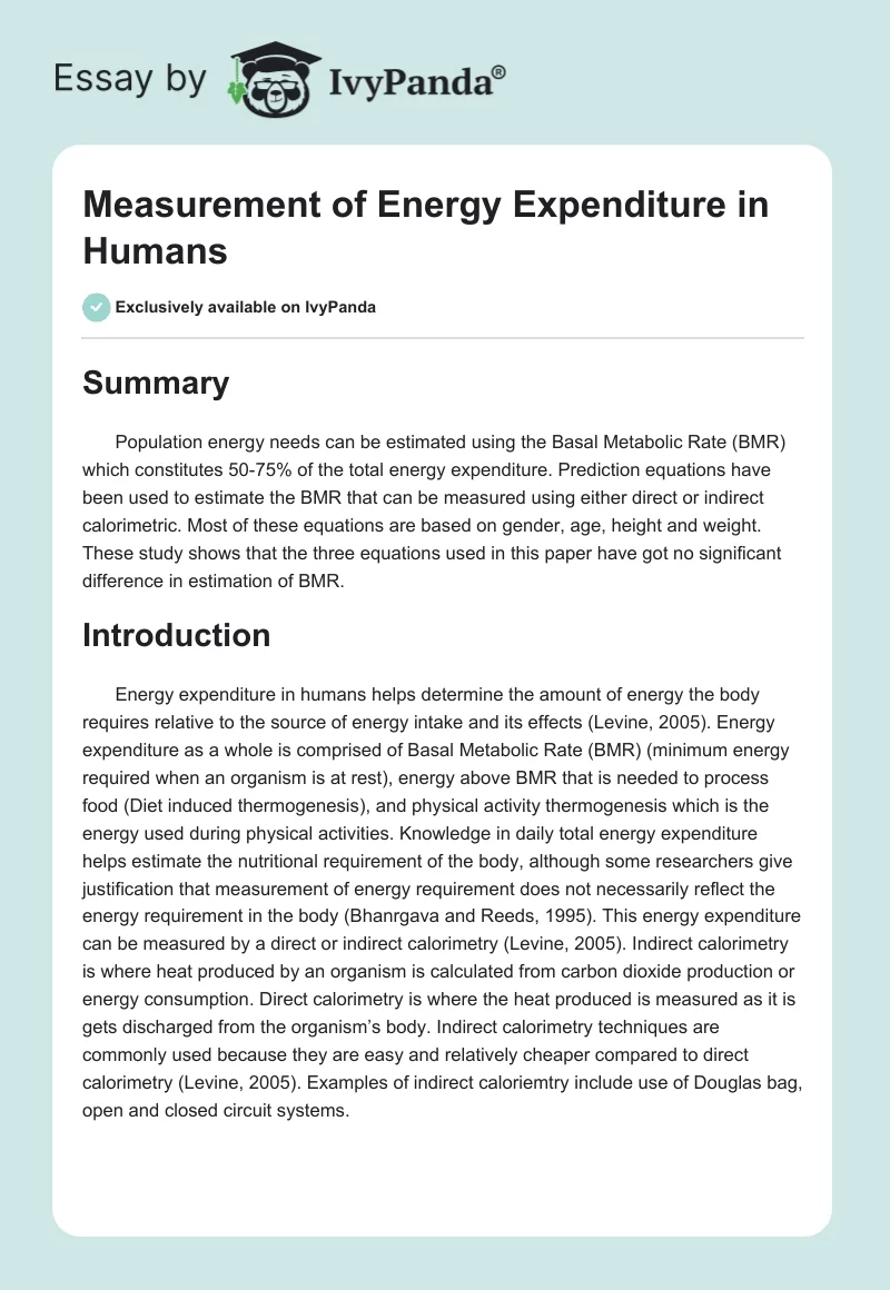 Measurement of Energy Expenditure in Humans. Page 1