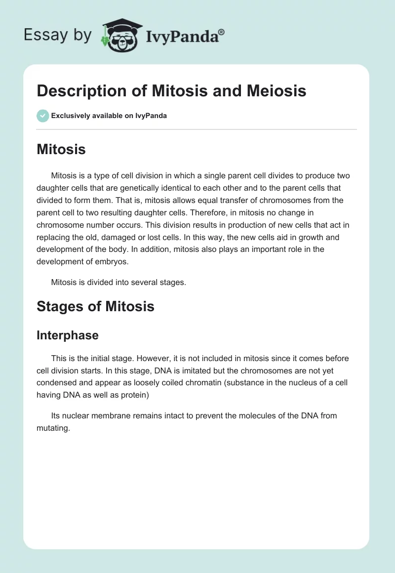 Description of Mitosis and Meiosis. Page 1
