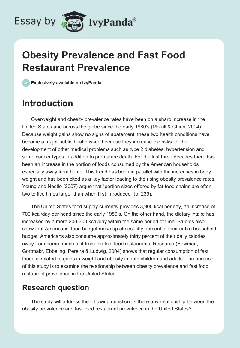 Obesity Prevalence and Fast Food Restaurant Prevalence. Page 1
